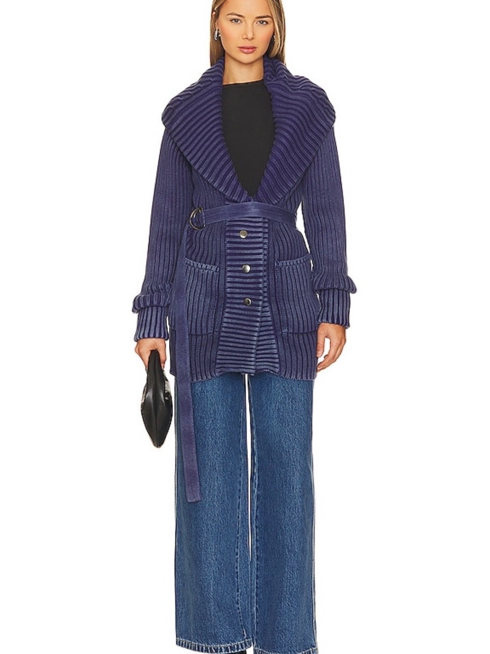 NWOT $168 Free People Ryanne Long Haul Cardigan Navy Belted Size S OVERSIZED